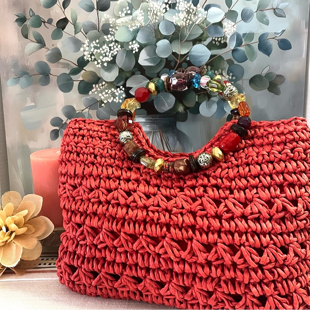 Vintage Cappelli Straworld, Inc. Coral Straw w Multi-Colored Beaded Handles Bag